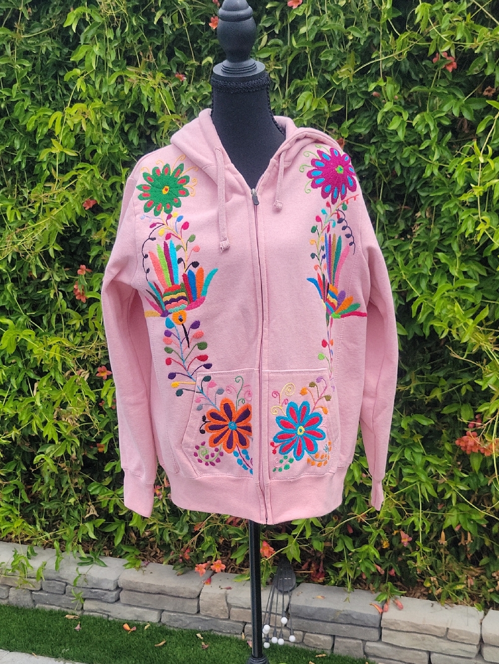 Floral And Bird Pink Embroidered Women's Zip Up Hoodie Jacket